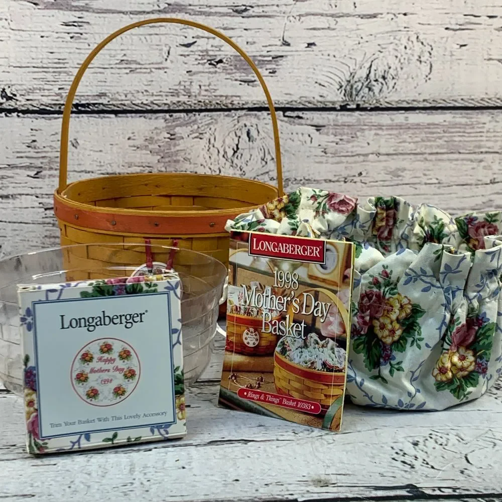 Longaberger 1998 Mothers Day‎ Basket Handwoven Floral Liner & Hang Tag